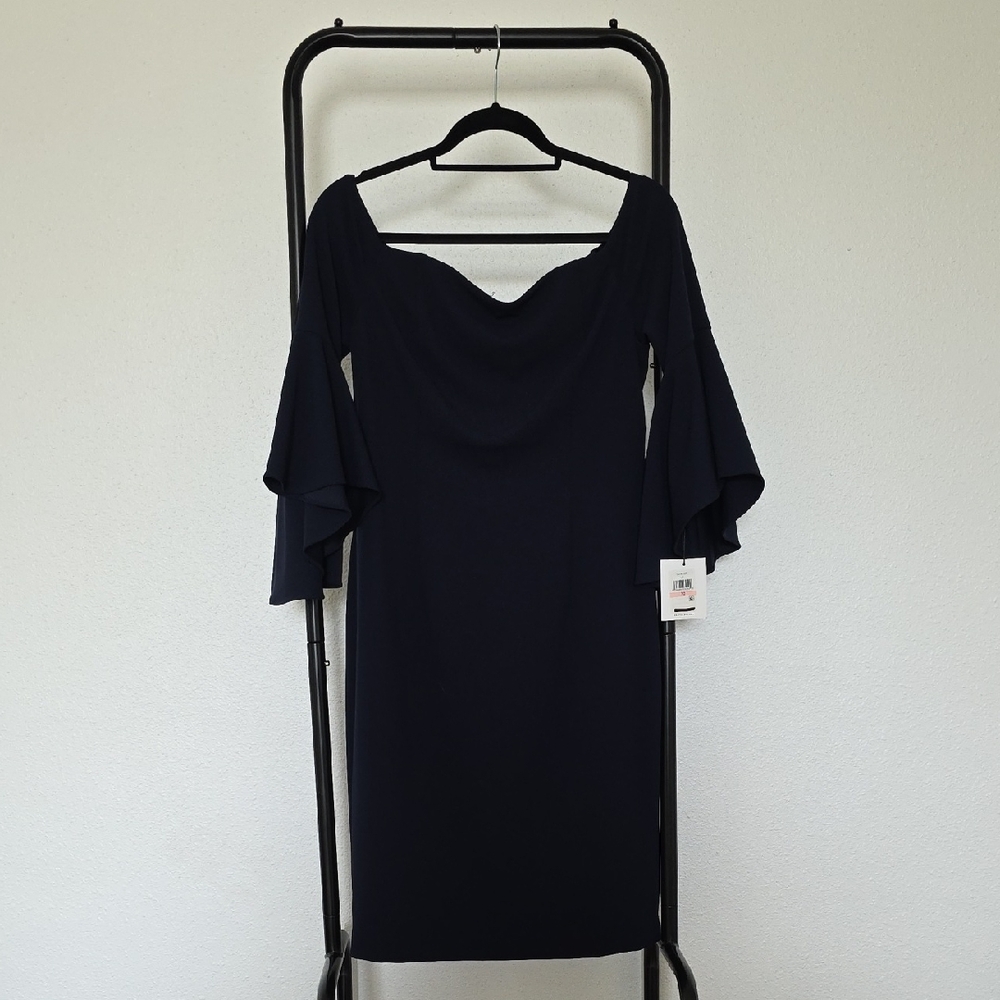 Calvin Klein Navy Off-Shoulder Midi Dress with Flutter Sleeves